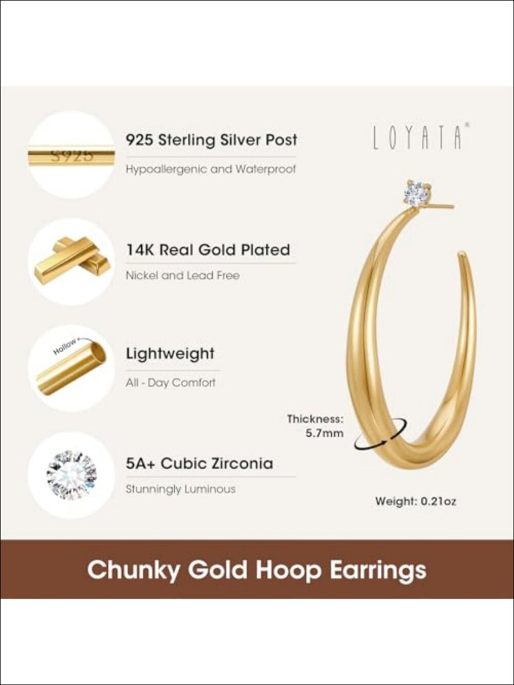 14K Gold Plated Chunky Hoop Earrings Hypoallergenic Non Tarnish - Picture 4 of 6